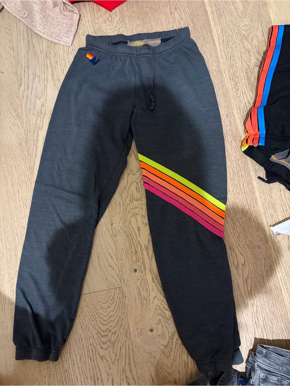 Aviator Nation Charcoal Joggers with Neon Rainbow Stripes